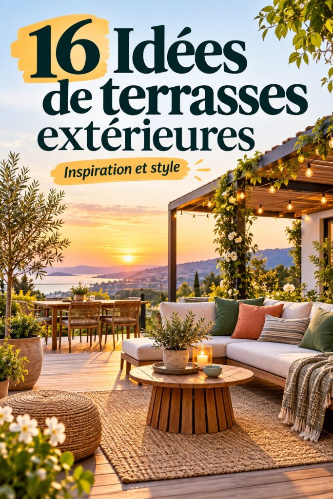 Terrasse extérieure aménagée avec des meubles confortables et des plantes.
