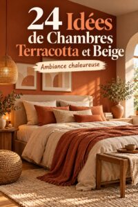 chambre décorée avec des nuances terracotta et beige, créant une atmosphère chaleureuse