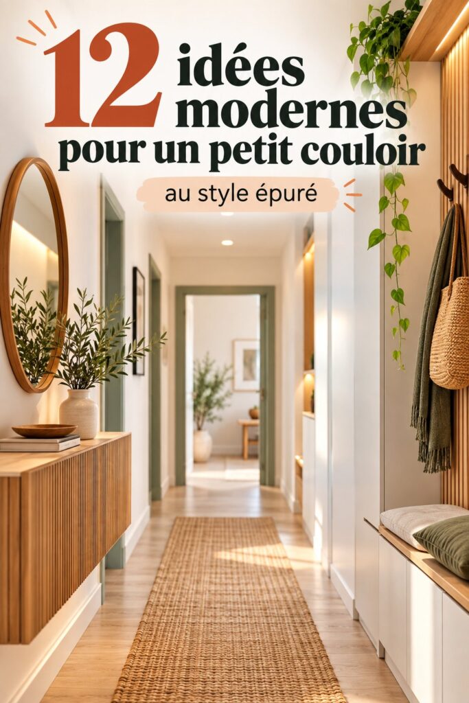 Un couloir moderne et épuré avec des touches de décoration chic.