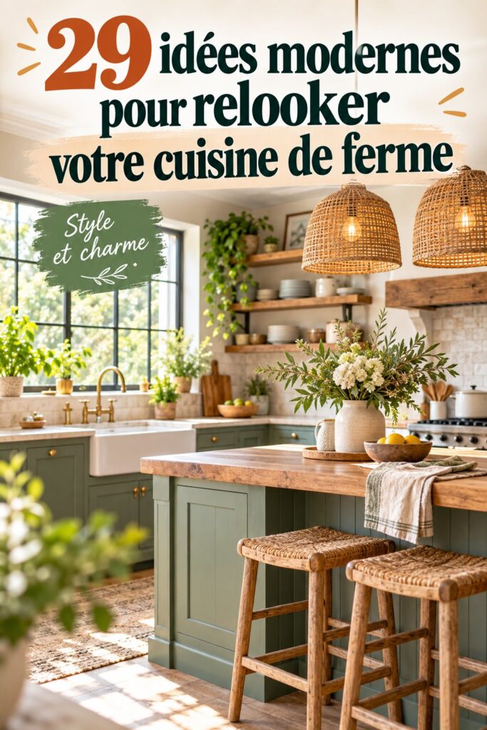 Cuisine de ferme modernisée avec des meubles en bois clair et des touches contemporaines.