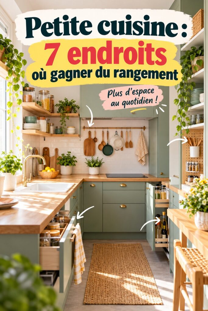 Une petite cuisine bien rangée avec des solutions de rangement astucieuses.