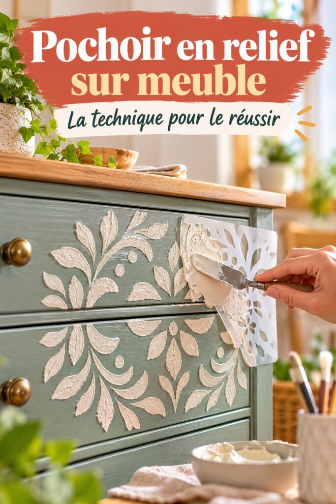 Un meuble en bois avec un pochoir en relief coloré, ajoutant une touche artistique à la décoration intérieure.