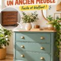 Un meuble ancien relooké avec une finition contemporaine et colorée, prêt à être intégré dans un intérieur moderne.