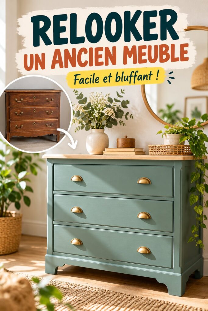 Un meuble ancien relooké avec une finition contemporaine et colorée, prêt à être intégré dans un intérieur moderne.