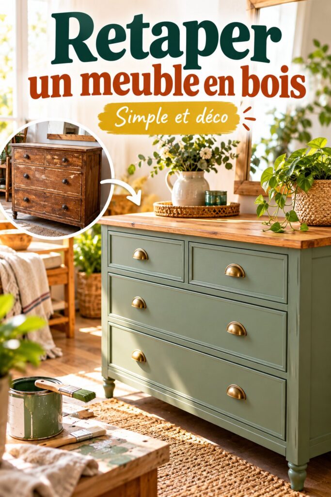 Un meuble en bois retapé avec une finition élégante, prêt à être exposé dans un salon.