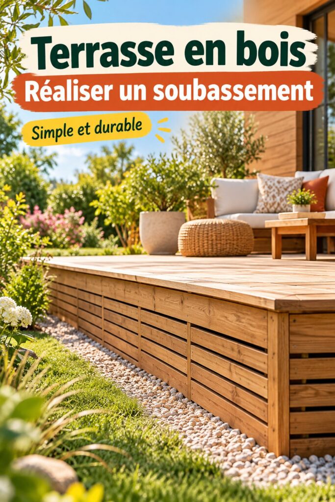 Soubassement en bois pour une terrasse, construction et matériaux choisis avec soin.