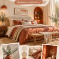 Suite parentale décorée avec des nuances de beige et terracotta, créant une ambiance apaisante