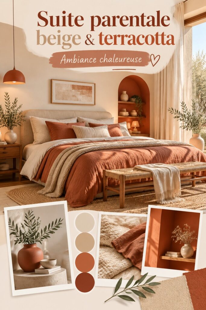 Suite parentale décorée avec des nuances de beige et terracotta, créant une ambiance apaisante