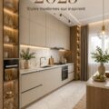 Cuisine moderne avec des couleurs tendance et un aménagement pratique pour 2025.