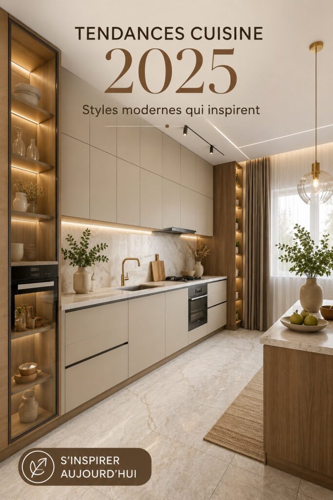 Cuisine moderne avec des couleurs tendance et un aménagement pratique pour 2025.