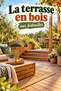 Terrasse en bois aménagée avec des plantes et du mobilier confortable
