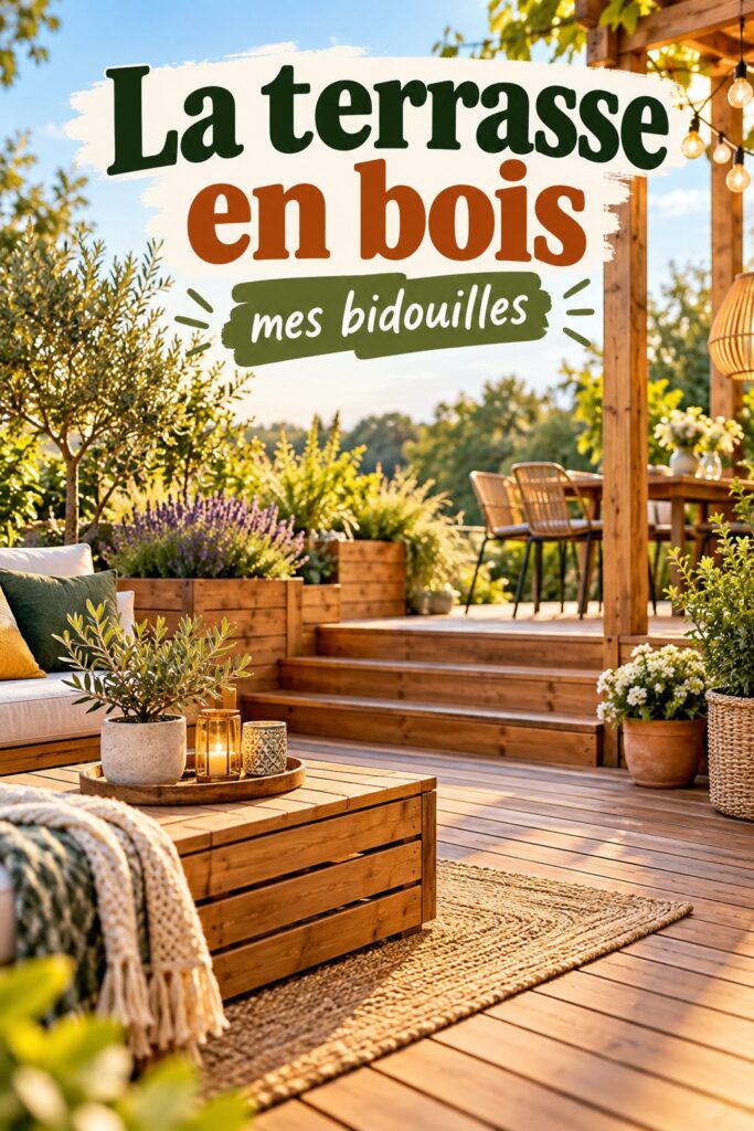 Terrasse en bois aménagée avec des plantes et du mobilier confortable