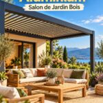 Terrasse décorée avec une pergola en aluminium et un salon en bois