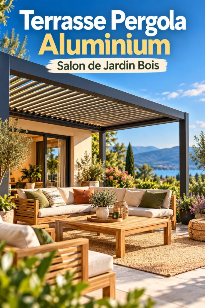 Terrasse décorée avec une pergola en aluminium et un salon en bois