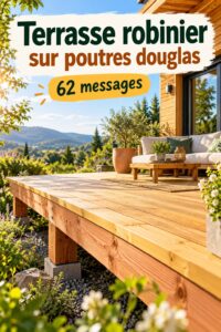 terrasse en robinier sur poutres douglas dans un jardin ensoleillé