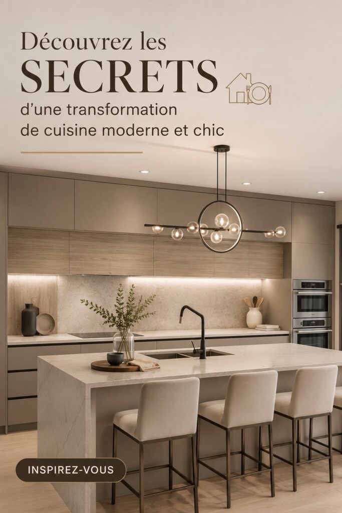 Cuisine moderne et chic avec un éclairage chaleureux et des meubles fonctionnels.